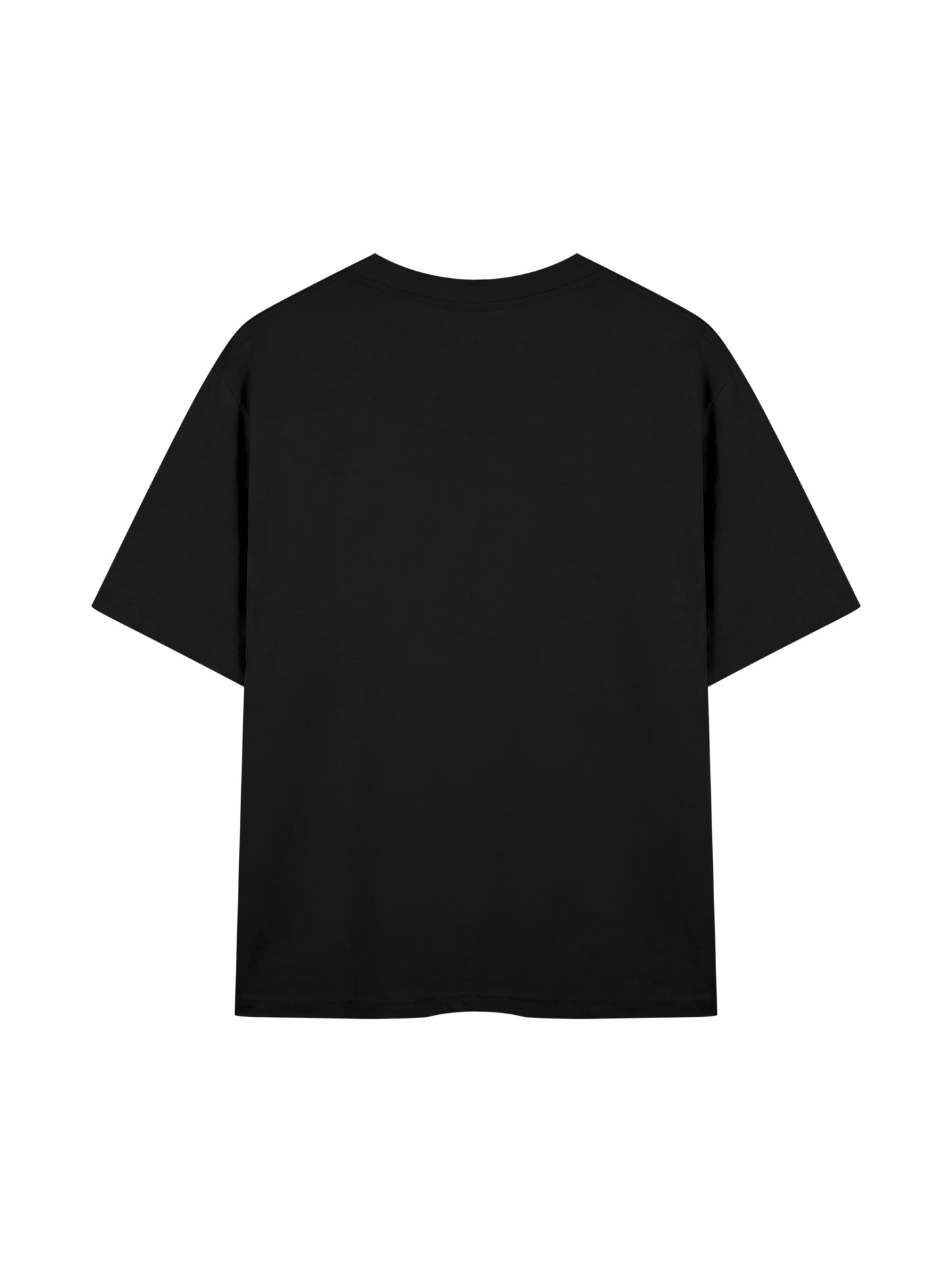 Black t-shirt with white text on the back on a light gray background