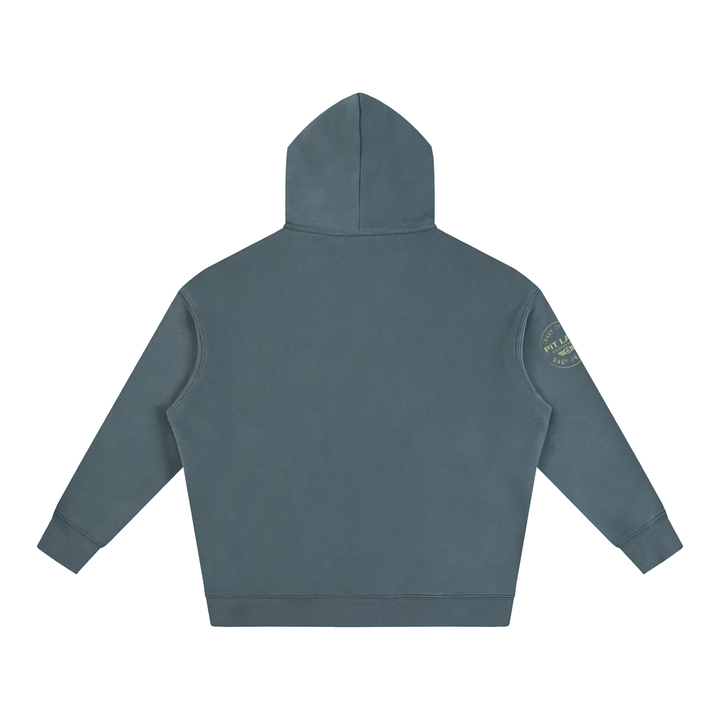 A slate blue-gray hooded sweatshirt shown from the back, featuring a small circular gold graphic on the left sleeve, set against a plain white background.