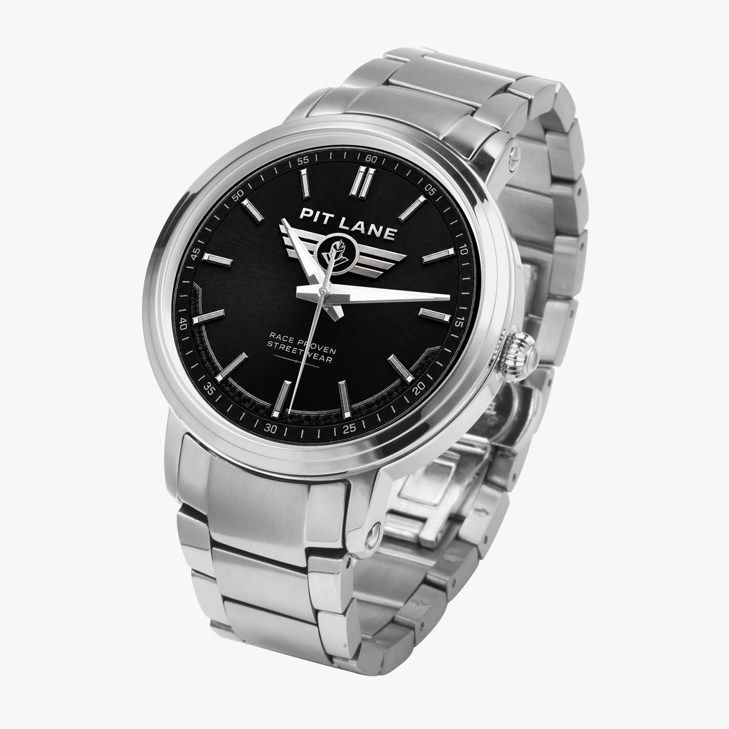 A silver-tone Pit Lane Clothing wristwatch with a black dial and matching silver-tone metal link bracelet, centered against a neutral gray background.