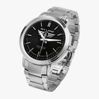A silver-tone Pit Lane Clothing wristwatch with a black dial and matching silver-tone metal link bracelet, centered against a neutral gray background.