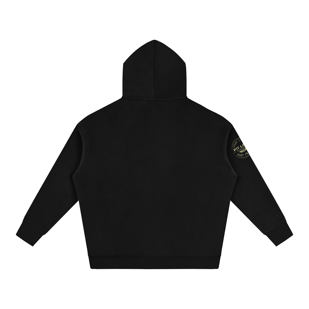 Black hoodie with a brand logo on the sleeve against a white background