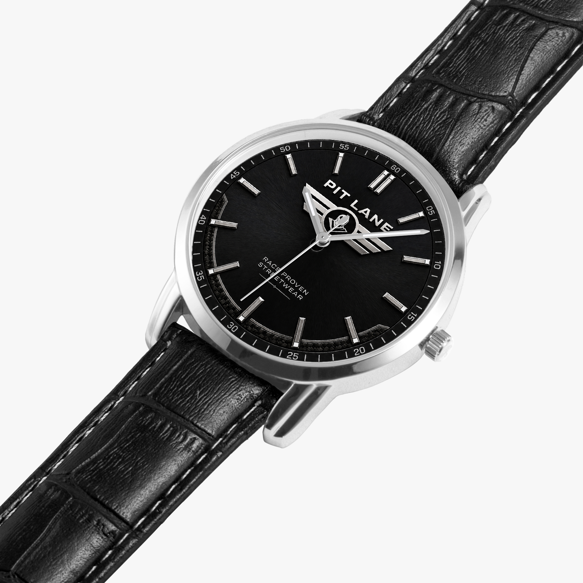 A Pit Lane Clothing wristwatch with a black dial, silver-tone stainless steel case, and a black leather strap, shown against a neutral gray background.