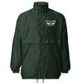 A green lightweight windbreaker jacket with a full front zipper, high collar, and drawstring hem. The left chest features the white printed text 'PIT LANE CLOTHING'.