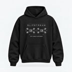 A black pullover hoodie with a white graphic print on the chest featuring the text 'SLIPSTREAM' and 'PIT LANE CLOTHING' with a technical schematic of two cars. The hoodie is displayed on a clean, light gray background.