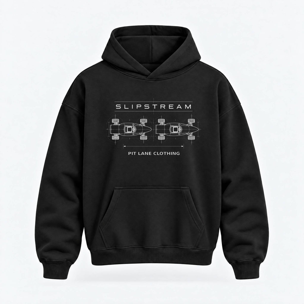A black pullover hoodie with a white graphic print on the chest featuring the text 'SLIPSTREAM' and 'PIT LANE CLOTHING' with a technical schematic of two cars. The hoodie is displayed on a clean, light gray background.