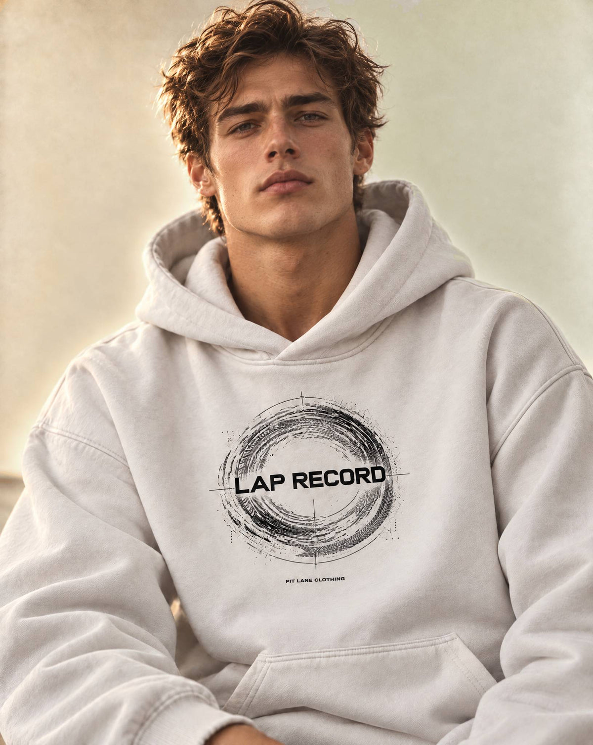 A white pullover PIT LANE CLOTHING hoodie with a distressed white graphic on the chest reading 'LAP RECORD' and smaller text below, shown on a plain white background.