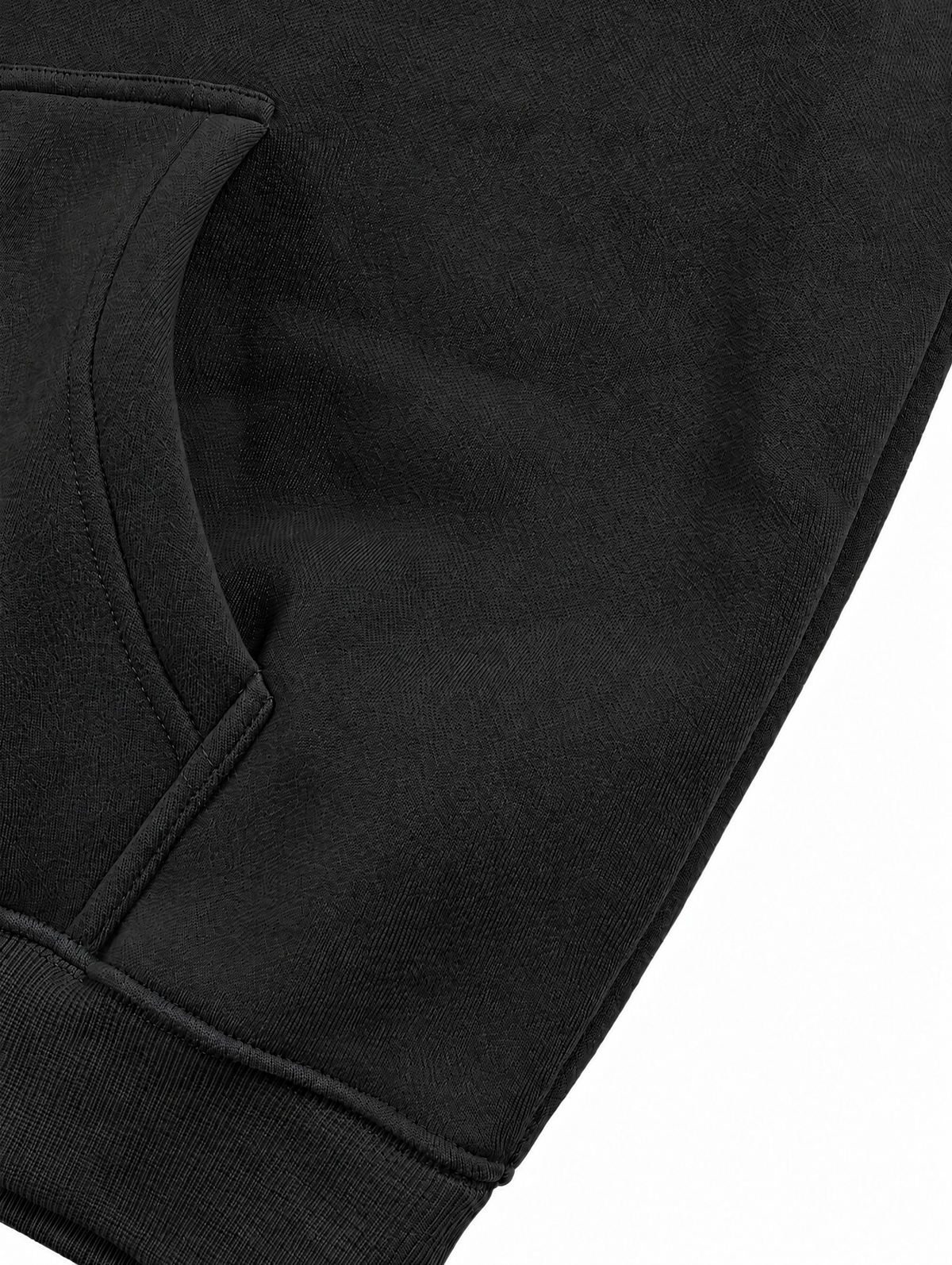 Close-up of a black hoodie with a white background