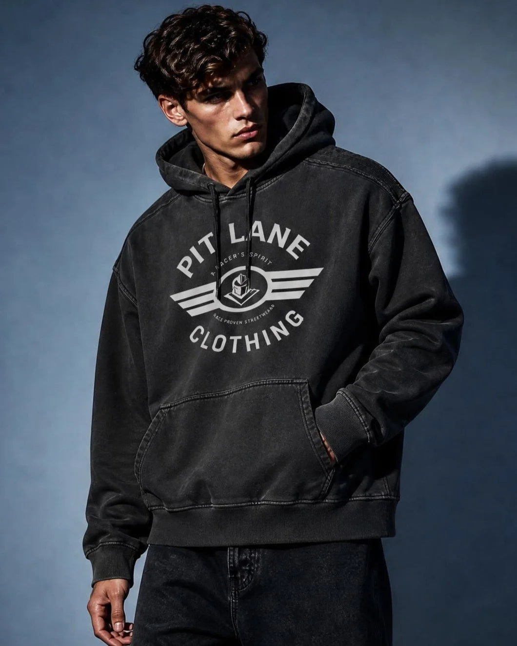 PIT LANE CLOTHING: Snow Washed Tape Raw Edge Hoodie - Black