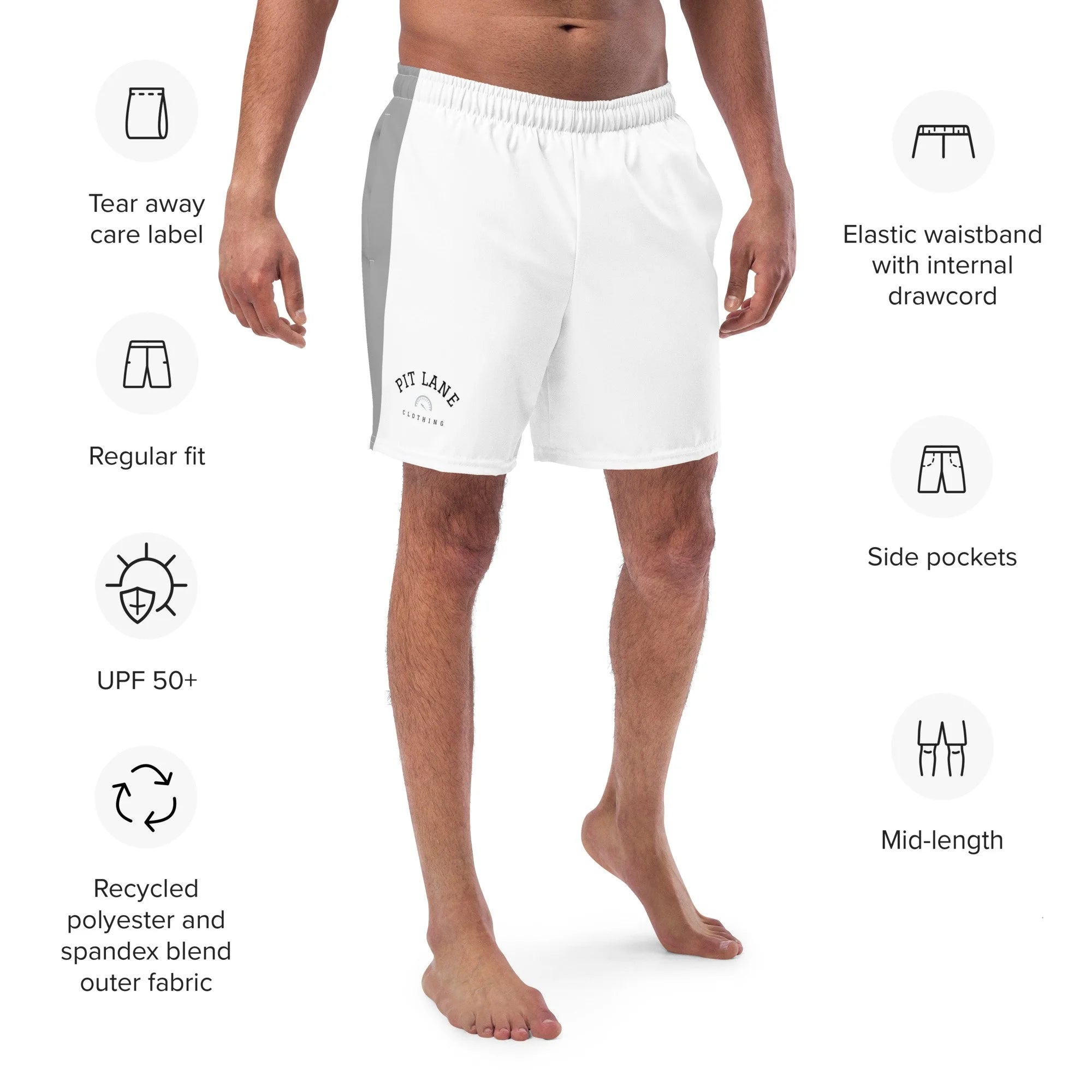 Pit Lane Clothing: European style swim trunks - white flag