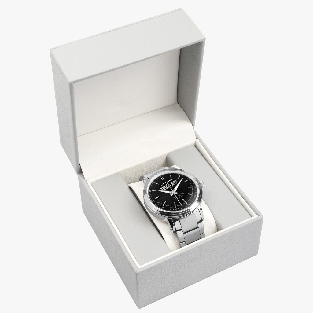 A silver-tone Pit Lane Clothing wristwatch with a black dial and matching silver-tone metal link bracelet, centered against a neutral gray background.