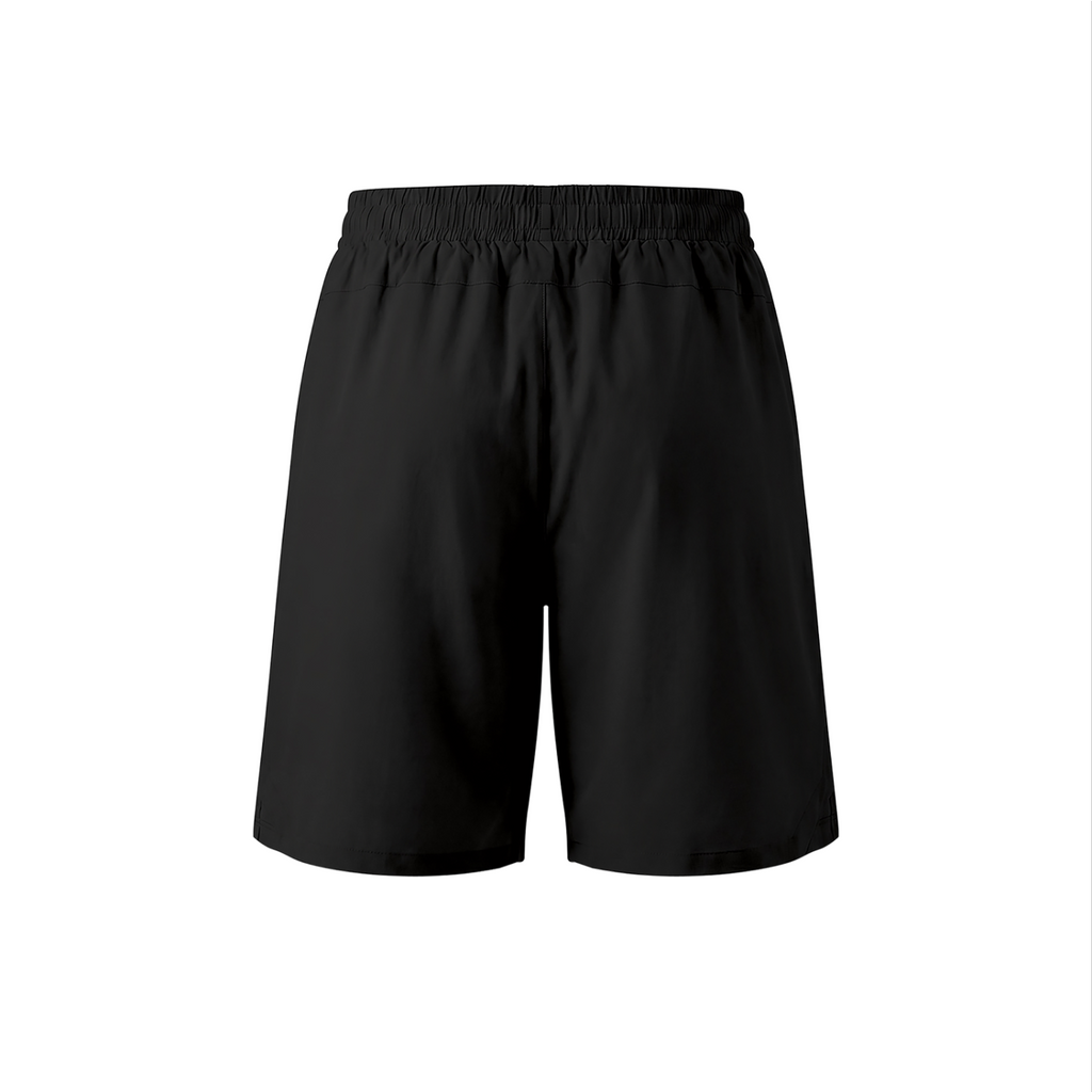 Black athletic shorts with an elastic waistband, shown from the back on a plain white background.