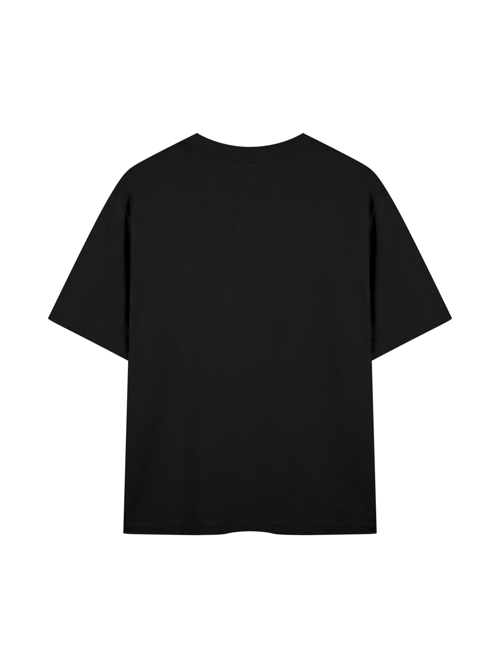 Black t-shirt with white text on the back on a light gray background