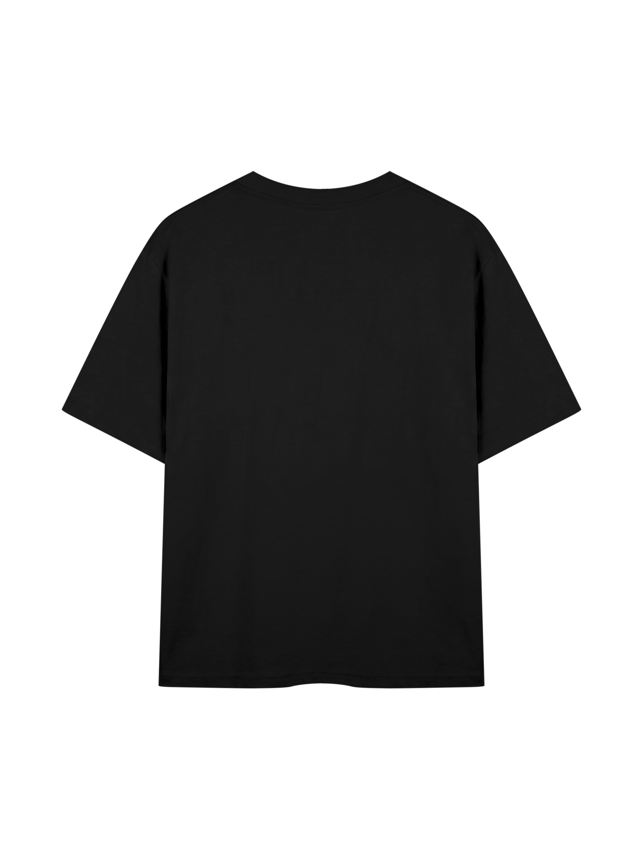 Black t-shirt with white text on the back on a light gray background