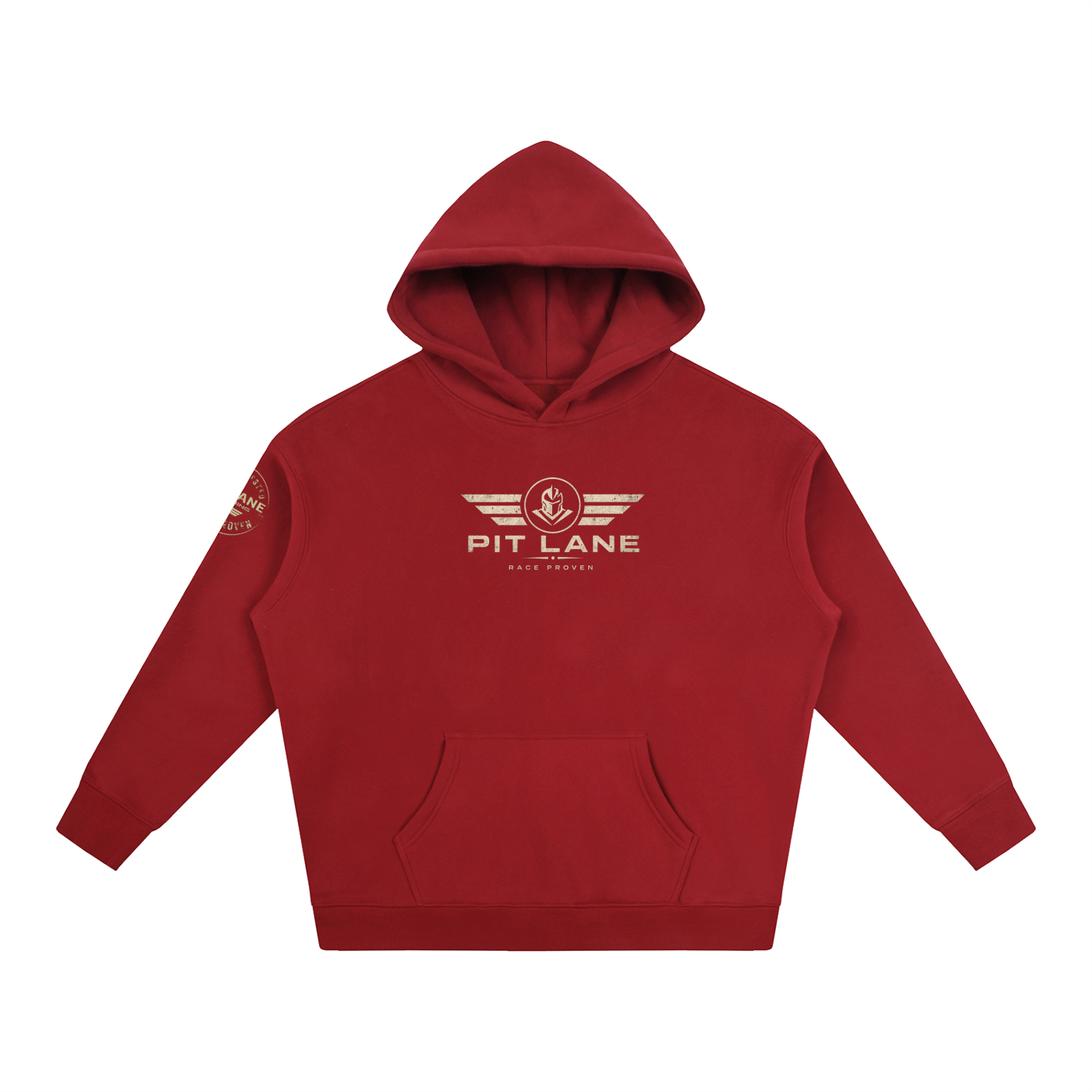 A red pullover hoodie with a gold 'PIT LANE' winged logo printed on the chest and a small gold logo on the left sleeve, shown against a plain white background.