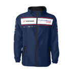 A navy blue hooded jacket with a front zipper, featuring sponsor logos including Yokohama and Formula Ford on the chest, displayed on a clean white background.