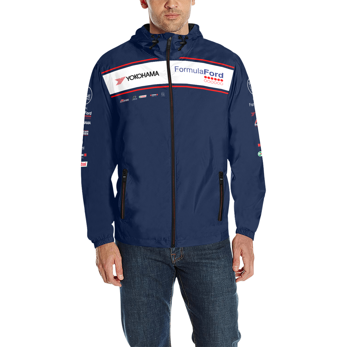 A man wearing a navy blue hooded jacket with Yokohama and Formula Ford sponsor logos across the chest, paired with blue jeans, photographed against a plain white background.