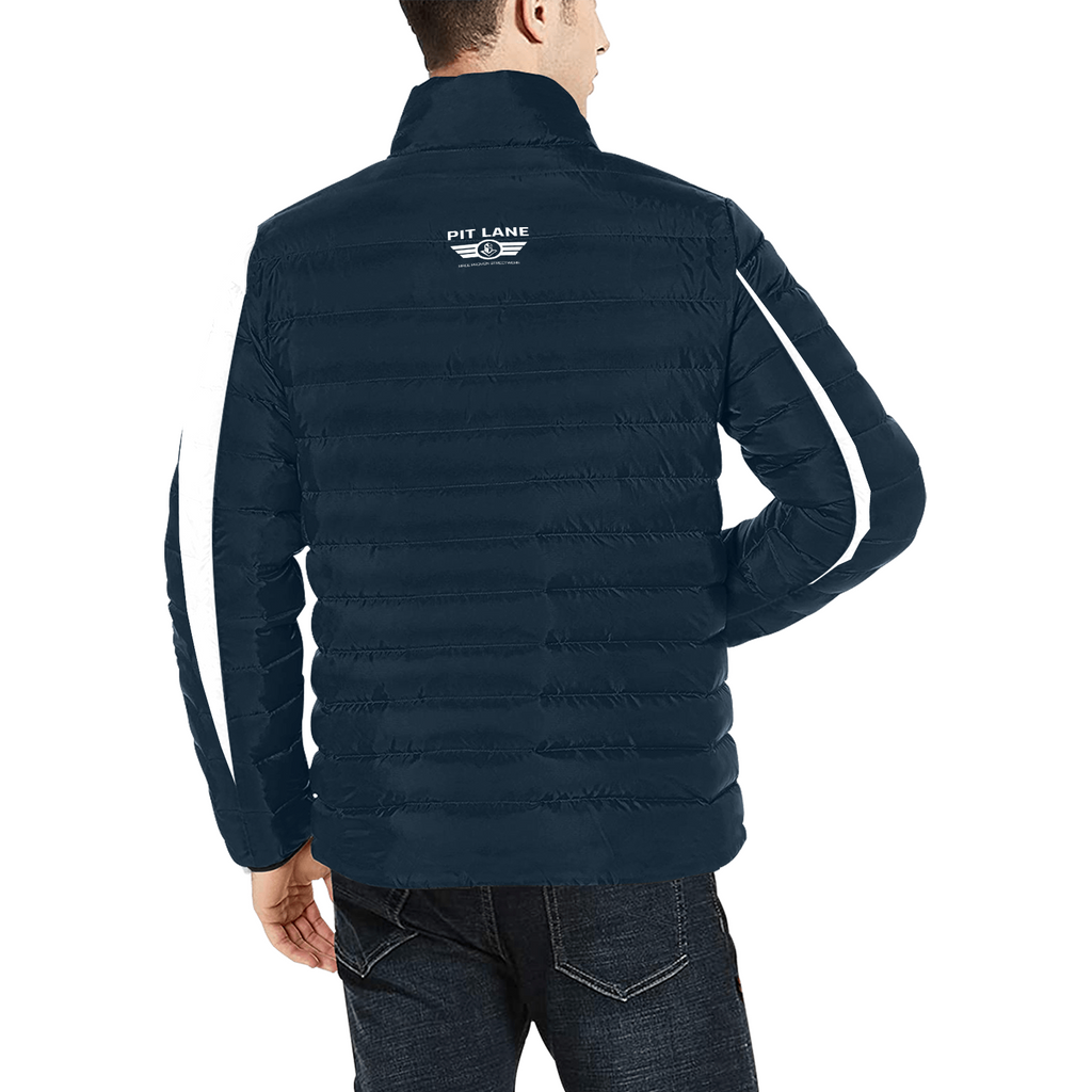 A man wearing a dark navy blue puffer jacket with white stripe details on the sleeves and a white 'PIT LANE' logo on the back, shown from a rear three-quarter view against a white background.