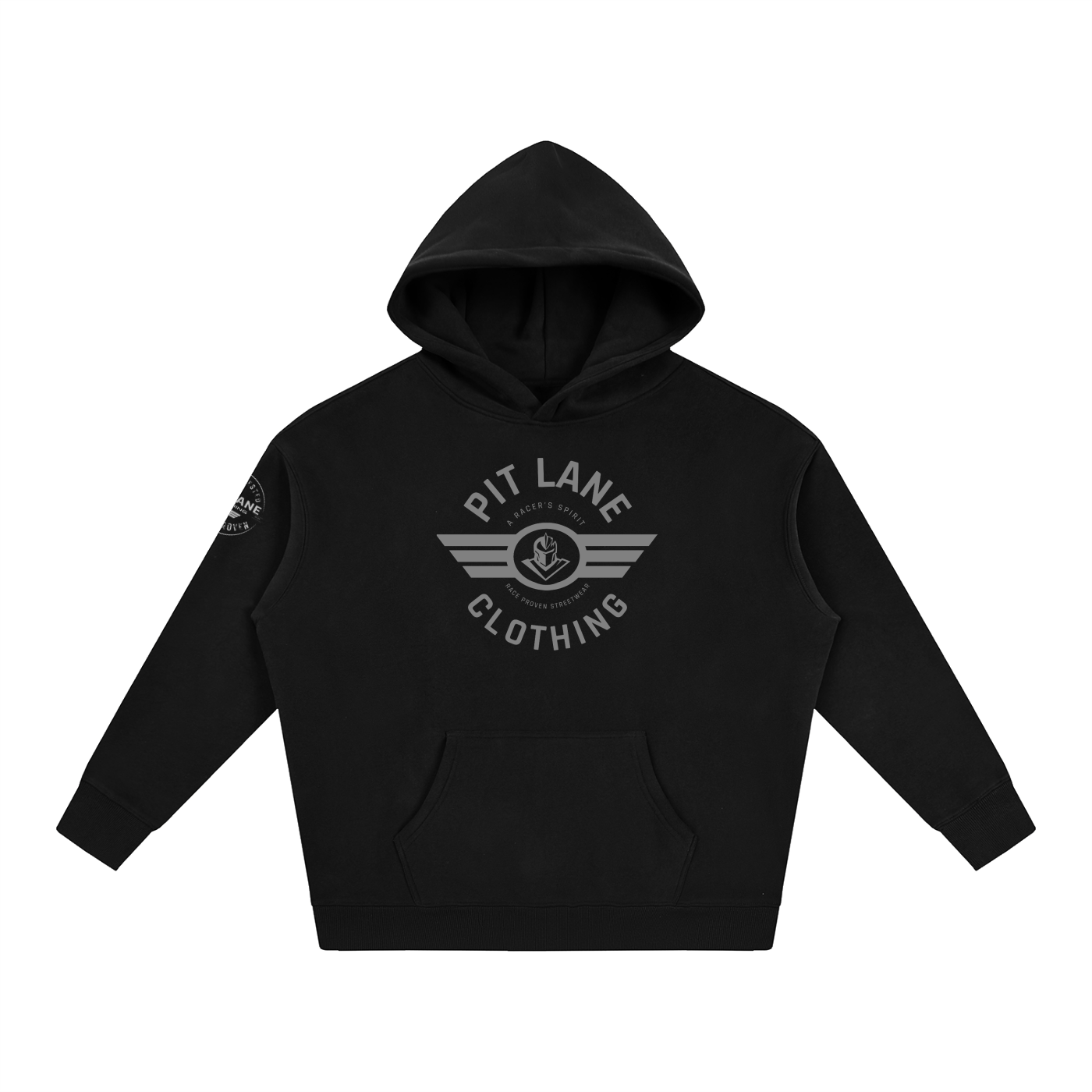A black pullover hoodie with a gray graphic print on the front reading 'PIT LANE CLOTHING' and a winged emblem, shown on a plain white background.