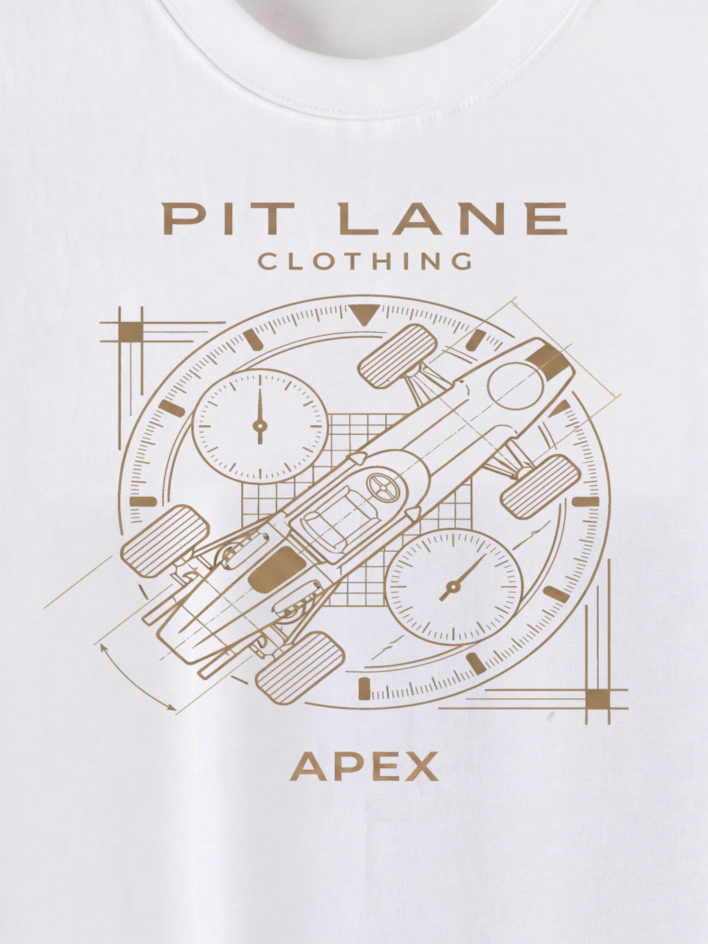 White crewneck t-shirt featuring a brown graphic print of a race car schematic over a clock face, with 'PIT LANE CLOTHING' and 'APEX' printed in brown text.