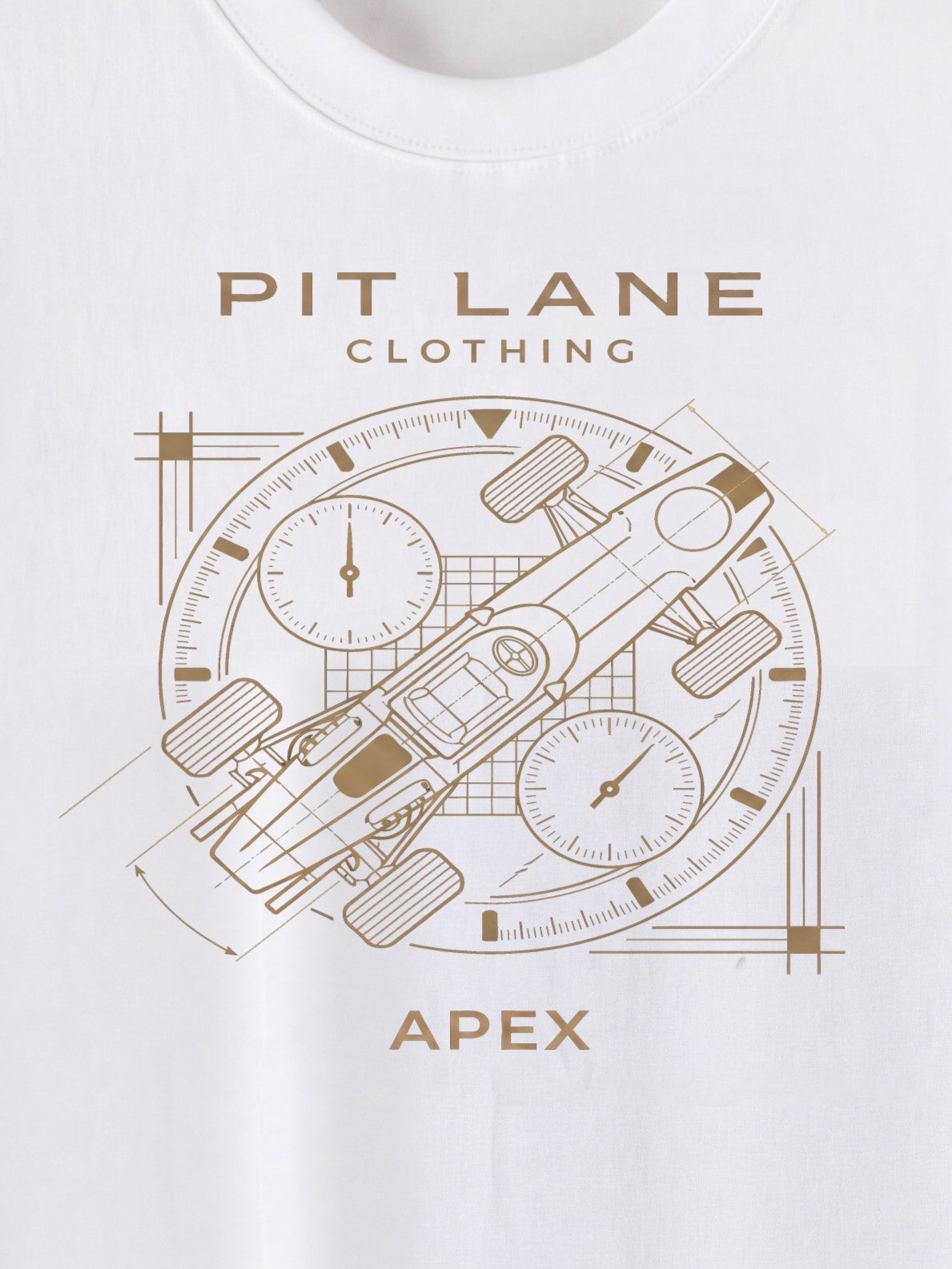 White crewneck t-shirt featuring a brown graphic print of a race car schematic over a clock face, with 'PIT LANE CLOTHING' and 'APEX' printed in brown text.