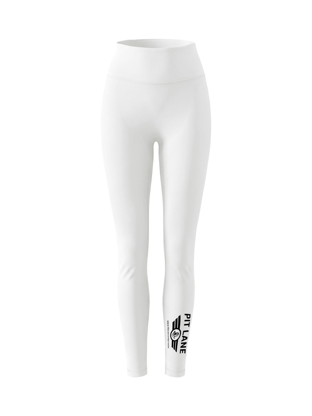 A woman modeling white athletic leggings with a black 'PIT LANE' logo on the lower left leg, paired with a dark gray long-sleeve athletic top and black sneakers, against a gray studio background.