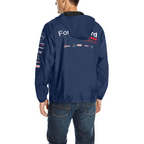 A man viewed from the back wearing a navy blue hooded jacket with white and red sponsor-style graphics and text across the upper back, paired with blue jeans, on a plain white studio background.