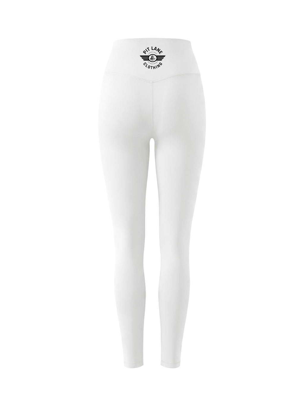 A woman modeling white athletic leggings with a black 'PIT LANE' logo on the lower left leg, paired with a dark gray long-sleeve athletic top and black sneakers, against a gray studio background.