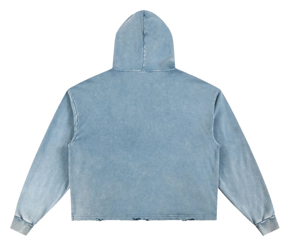 A light blue acid-washed cropped hoodie shown from the back, featuring a hood, long sleeves, and a raw, frayed hem, displayed on a solid white background.
