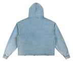 A light blue acid-washed cropped hoodie shown from the back, featuring a hood, long sleeves, and a raw, frayed hem, displayed on a solid white background.