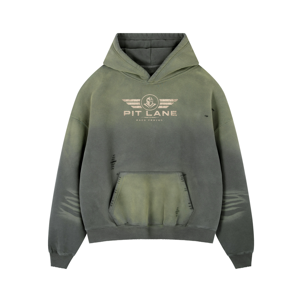 Pit Lane Clothing: Heavyweight Frayed Sunfade Box Fleece Hoodie - Green/Grey