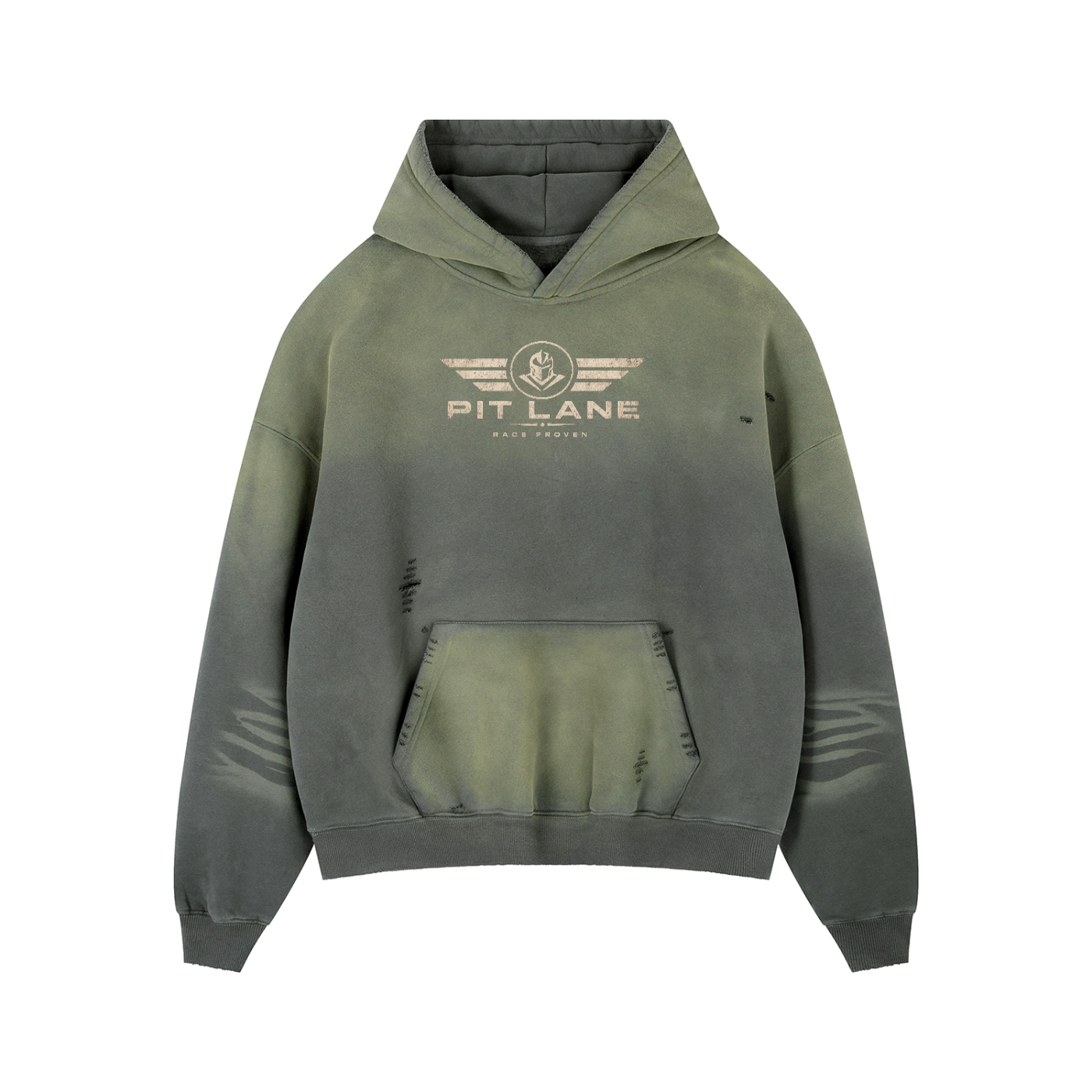 Pit Lane Clothing: Heavyweight Frayed Sunfade Box Fleece Hoodie - Green/Grey