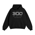 A black pullover PIT LANE CLOTHING hoodie with a distressed white graphic on the chest reading '300 KPH' and smaller text above and below, shown on a plain white background.