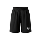 Black athletic shorts with an elastic waistband and a small white circular PIT LANE CLOTHING logo on the lower left leg, displayed on a clean white background.
