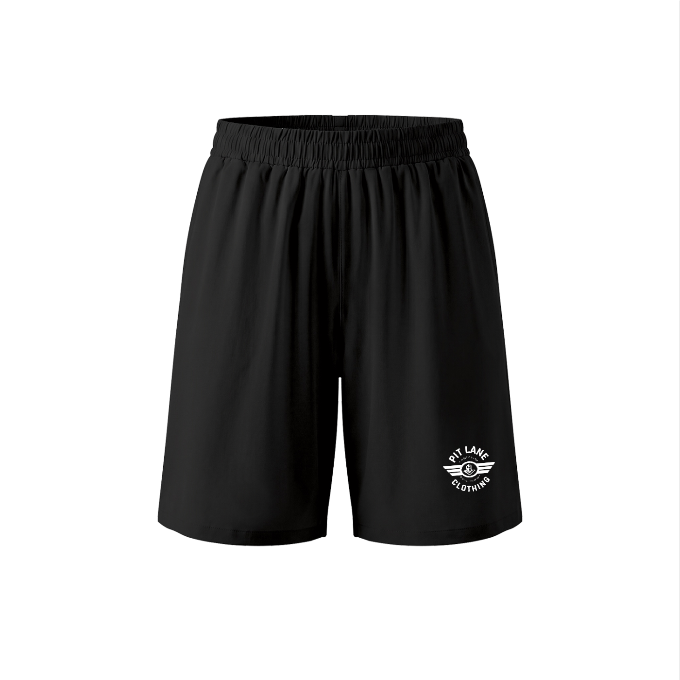 Black athletic shorts with an elastic waistband and a small white circular PIT LANE CLOTHING logo on the lower left leg, displayed on a clean white background.