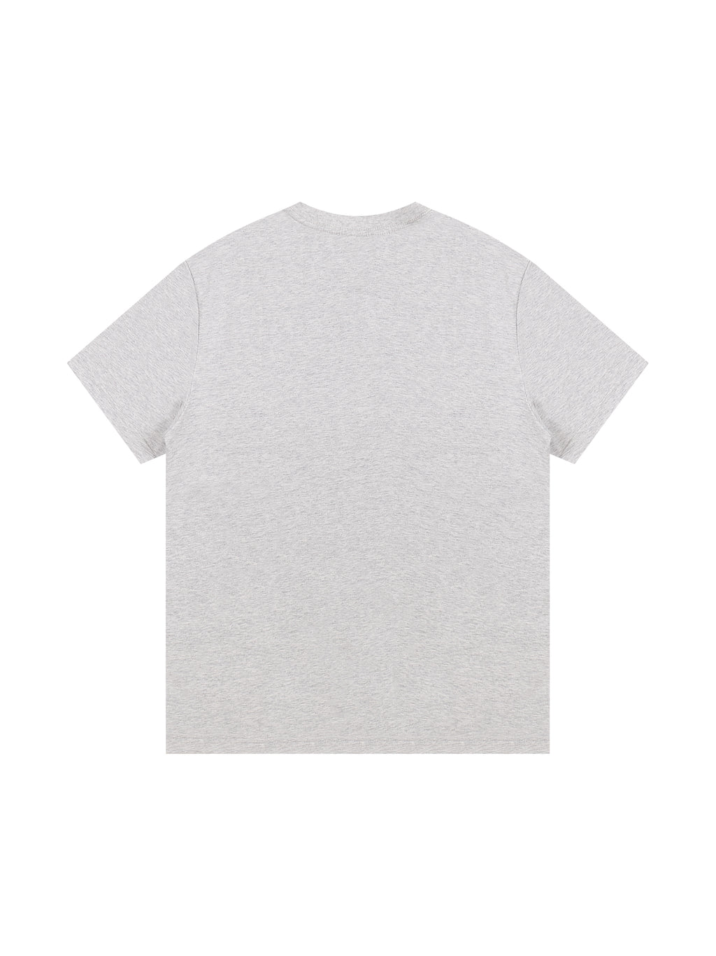 A light gray heather short-sleeve t-shirt shown from the back, photographed flat against a solid white background.