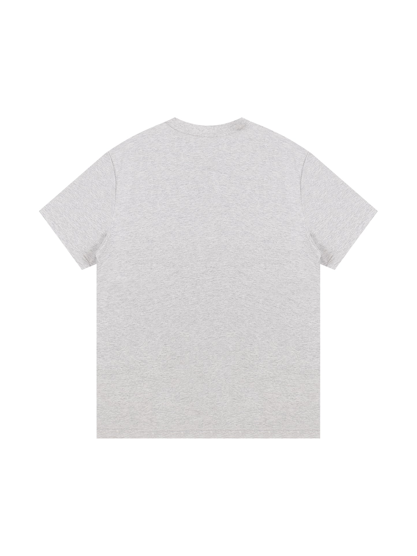 A light gray heather short-sleeve t-shirt shown from the back, photographed flat against a solid white background.