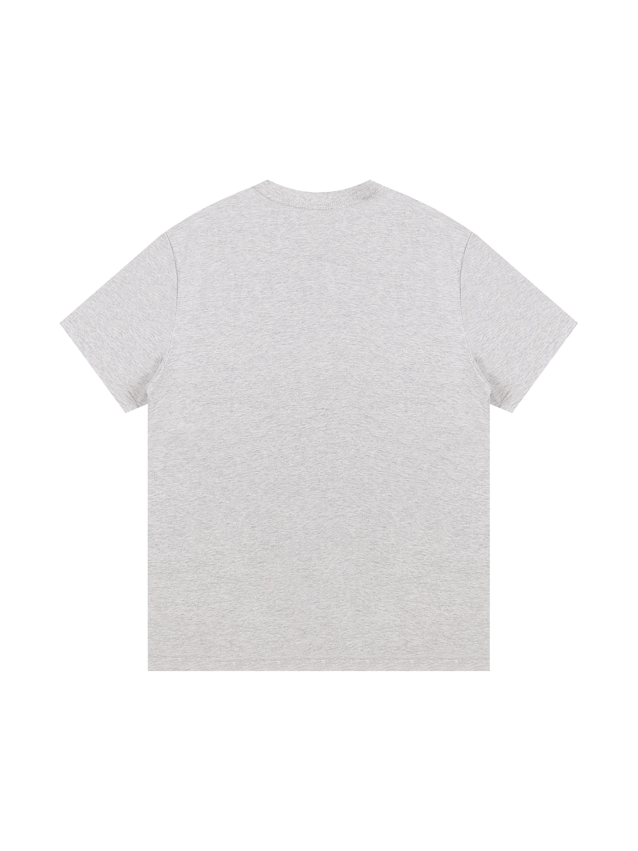 A light gray heather short-sleeve t-shirt shown from the back, photographed flat against a solid white background.