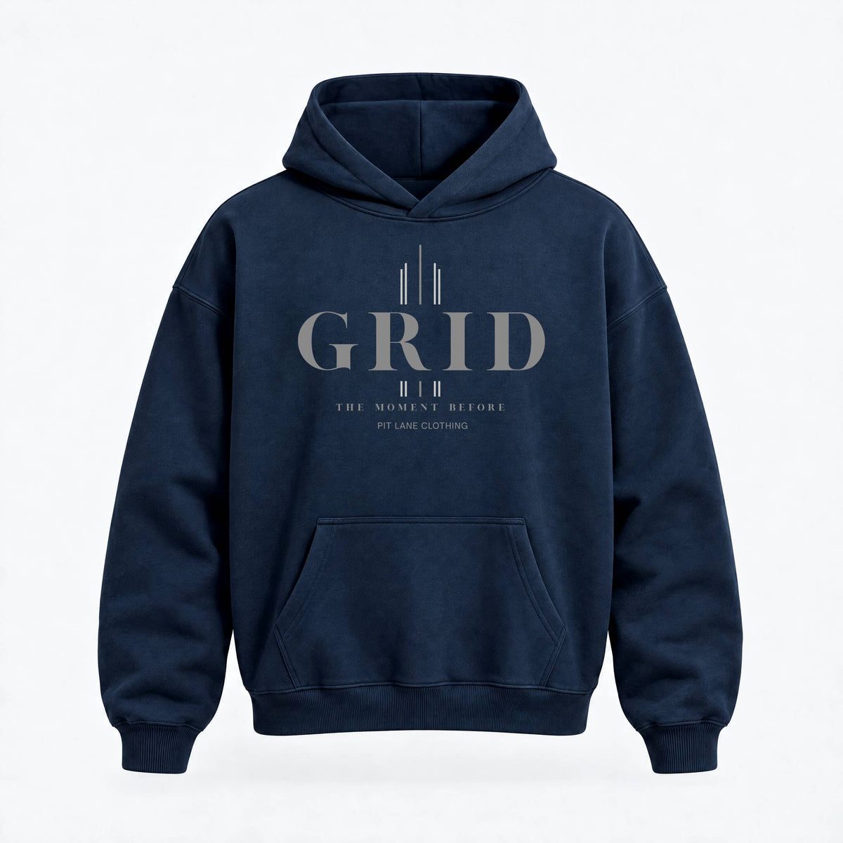 A navy blue pullover hoodie with a front kangaroo pocket and a light gray graphic print on the chest reading 'GRID' with smaller text below, shown on a clean white background.