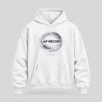 A white pullover PIT LANE CLOTHING hoodie with a distressed white graphic on the chest reading 'LAP RECORD' and smaller text below, shown on a plain white background.