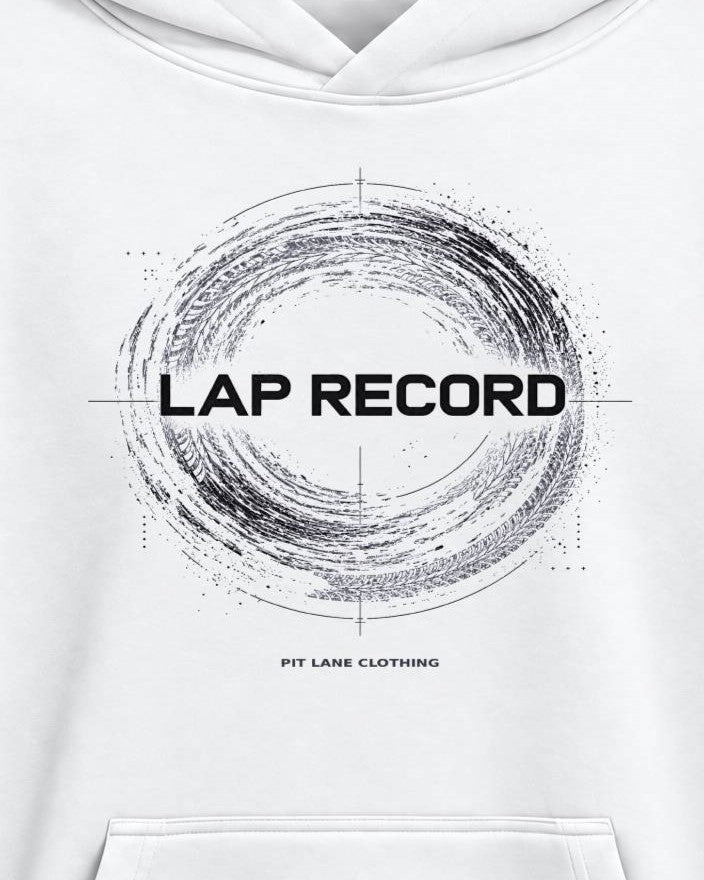 A white pullover PIT LANE CLOTHING hoodie with a distressed white graphic on the chest reading 'LAP RECORD' and smaller text below, shown on a plain white background.