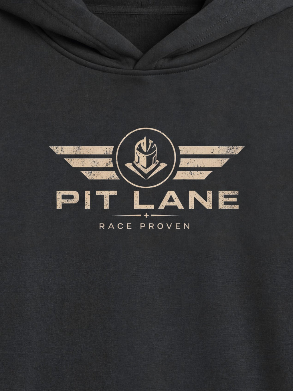 Close-up of a dark charcoal gray hoodie featuring a distressed beige graphic on the chest with the text 'PIT LANE' and 'RACE PROVEN' beneath a winged emblem.
