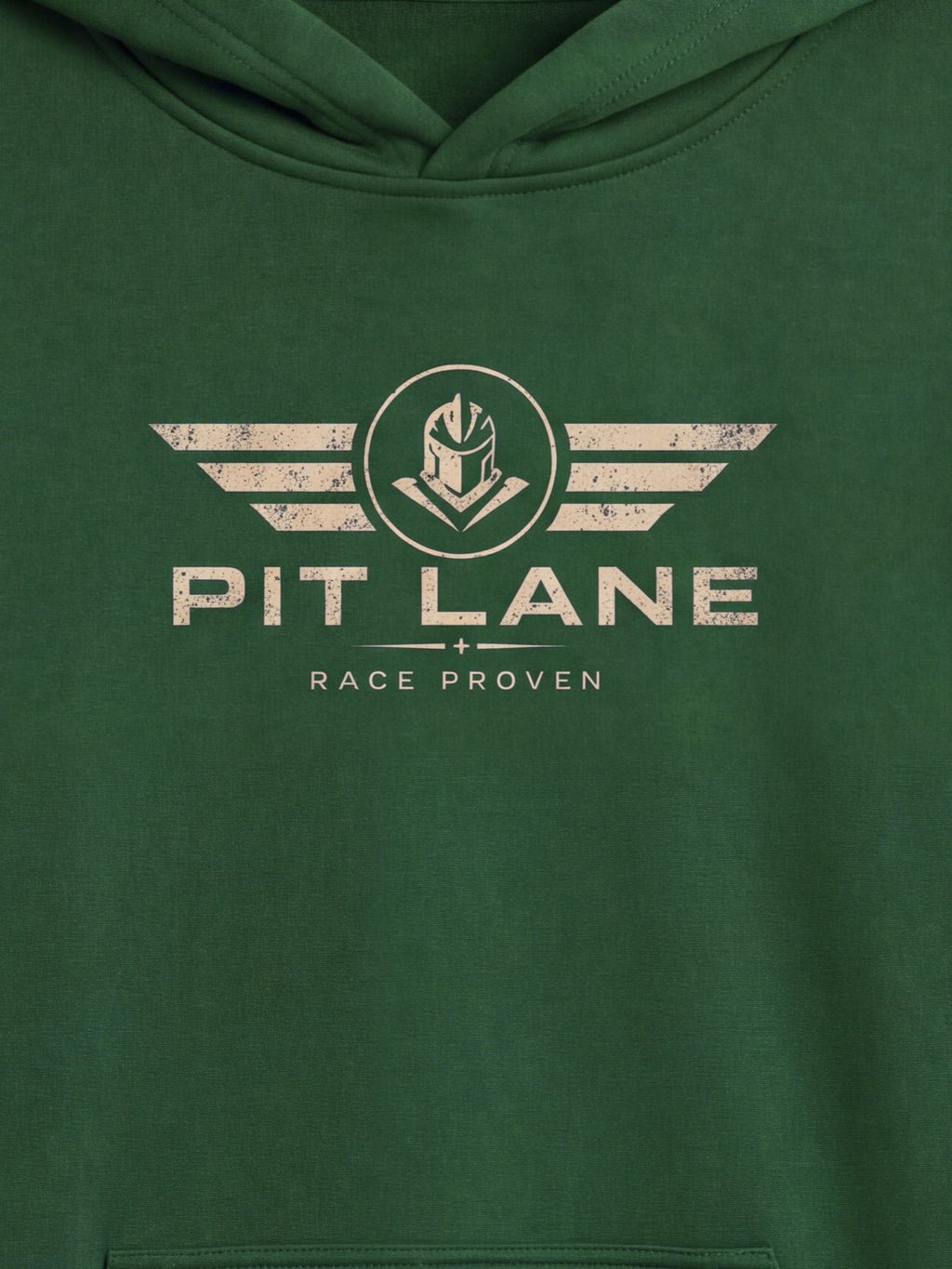 A close-up of a dark green hooded sweatshirt featuring a distressed off-white graphic on the chest with the text 'PIT LANE' and 'RACE PROVEN' beneath it.