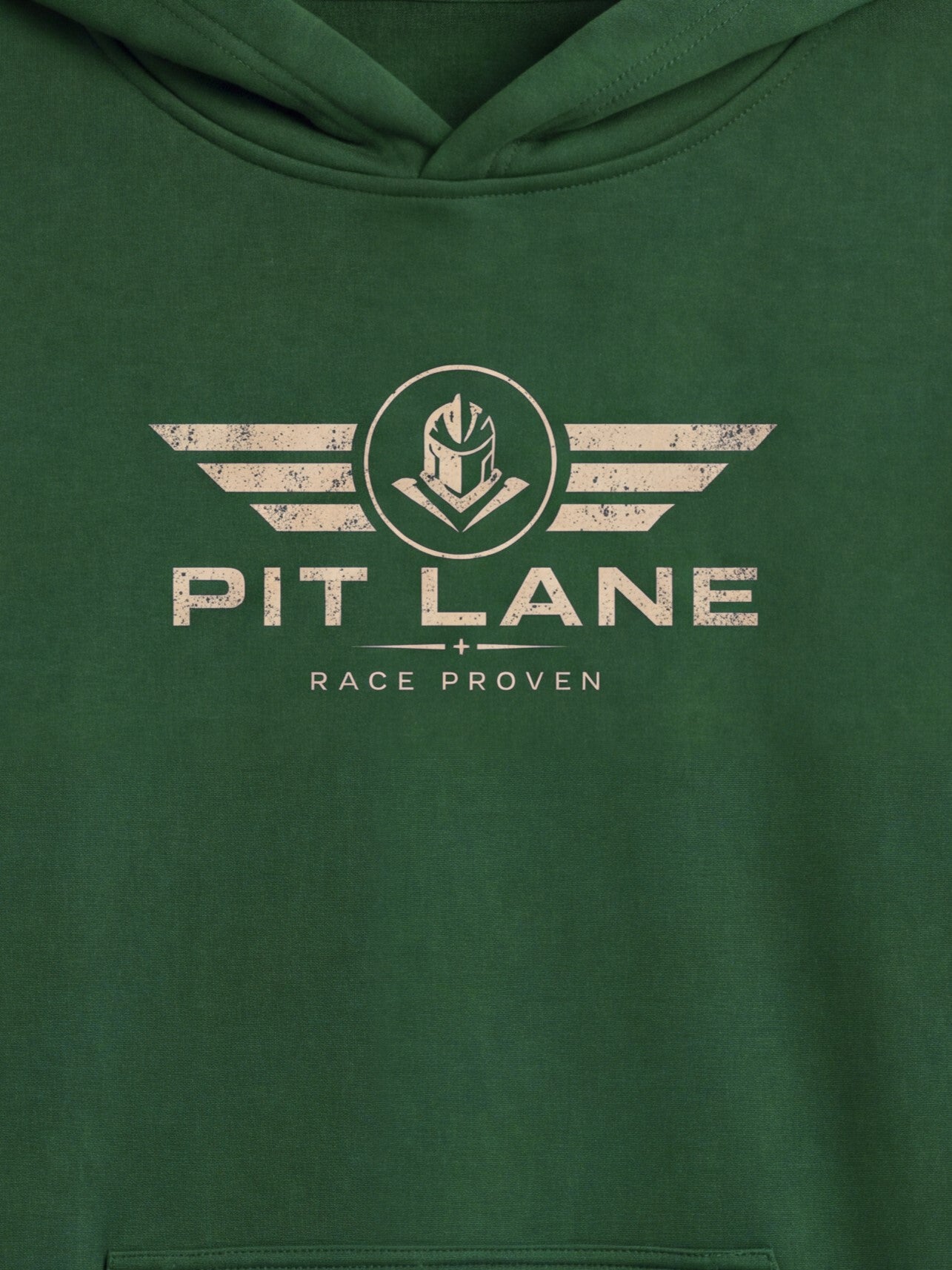 A close-up of a dark green hooded sweatshirt featuring a distressed off-white graphic on the chest with the text 'PIT LANE' and 'RACE PROVEN' beneath it.