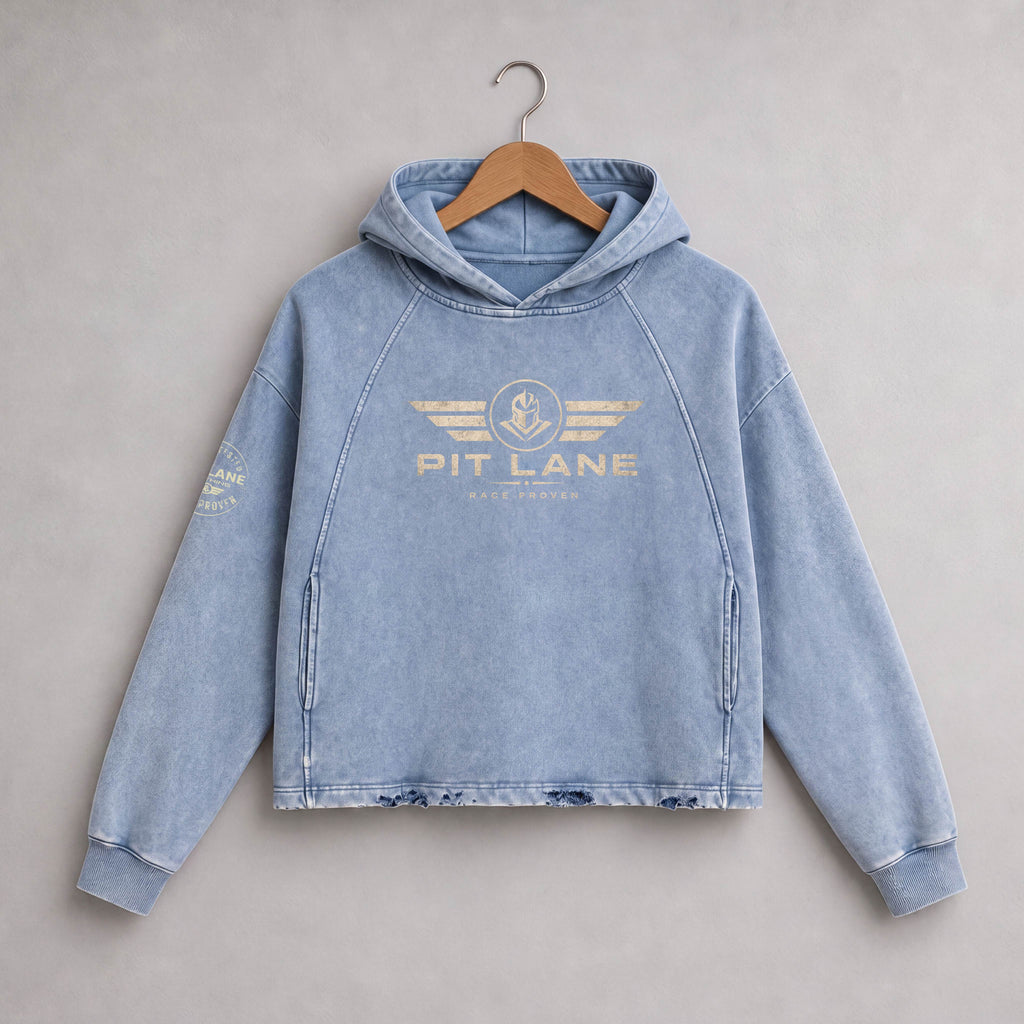 A light blue washed denim hoodie hanging on a wooden hanger against a textured gray wall. The hoodie features a distressed gold 'PIT LANE' winged logo printed on the chest and a matching logo on the right sleeve.