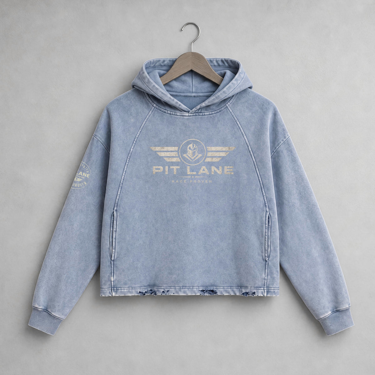 Pit Lane Clothing 340GSM Vintage Washed Frayed-Hem Hoodie - Blue