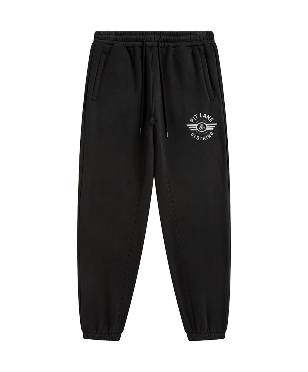 Black sweatpants with an elastic waistband, drawstring, side pockets, and a white circular winged logo on the left thigh that reads 'PIT LANE CLOTHING' graphic on the left thigh.