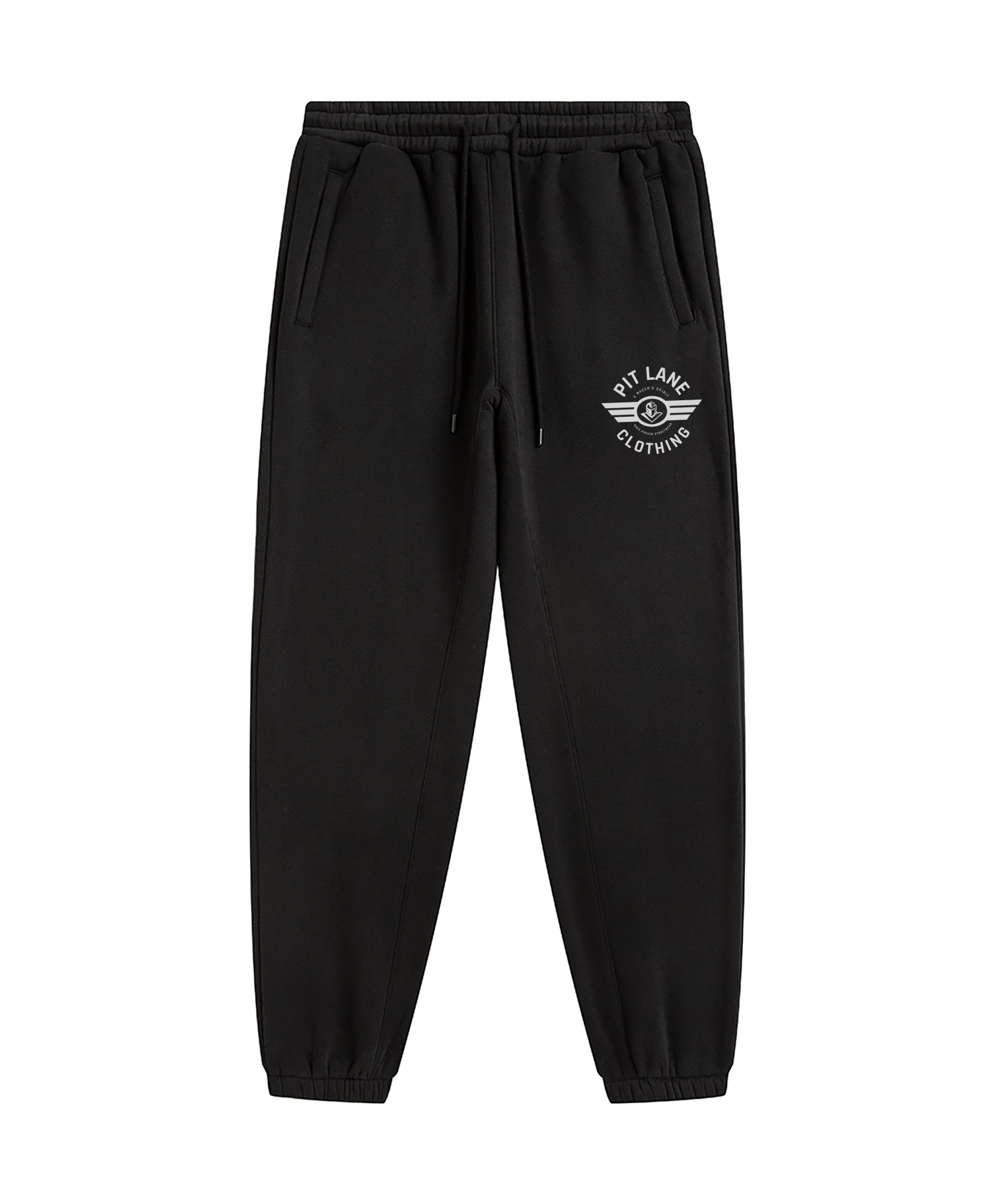 Black sweatpants with an elastic waistband, drawstring, side pockets, and a white circular winged logo on the left thigh that reads 'PIT LANE CLOTHING' graphic on the left thigh.