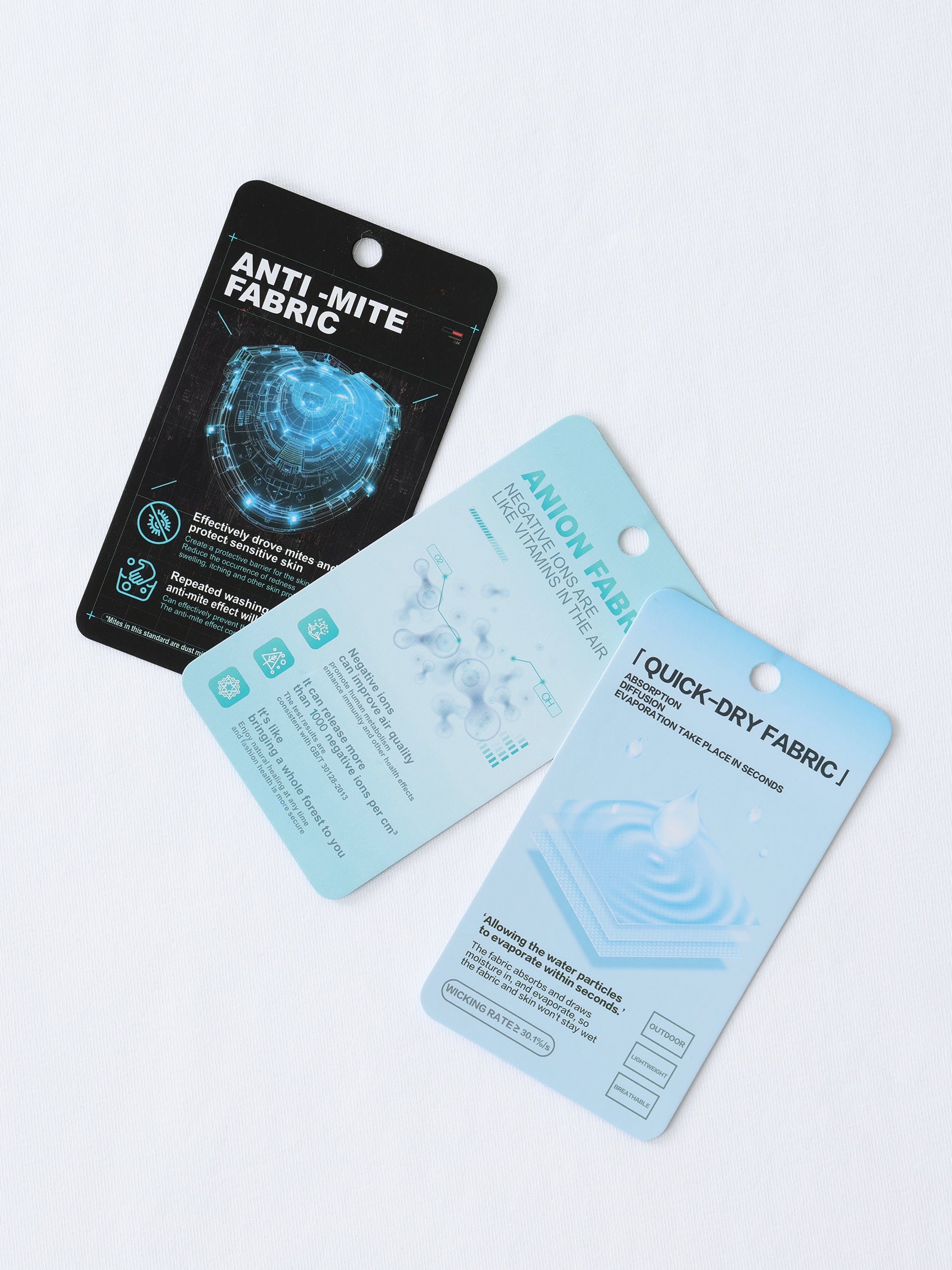 Two cards labeled 'Anti-Mite Fabric' and 'Quick-Dry Fabric' on a white background