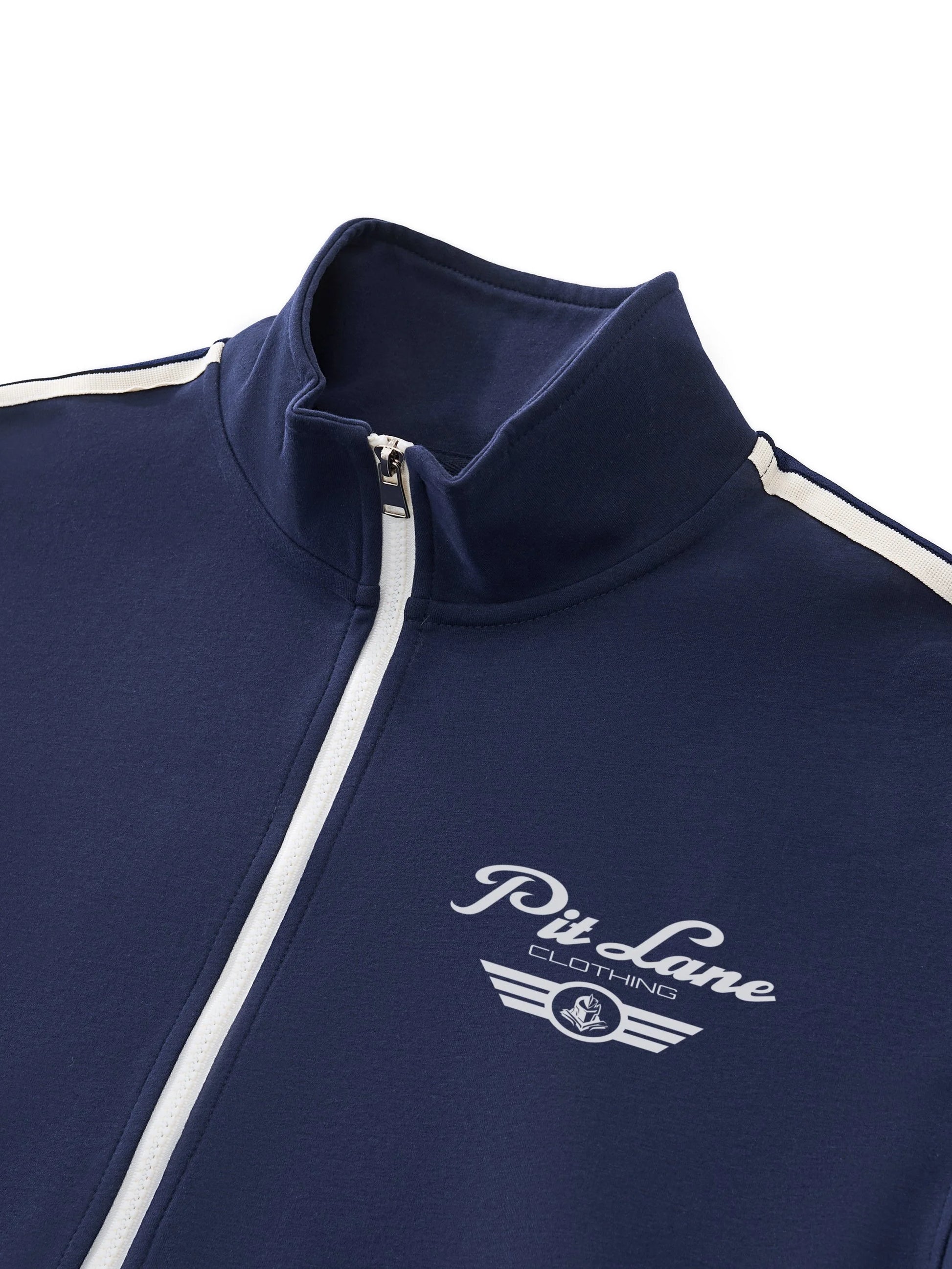Pit Lane Clothing: Contrast Side-Stripe Stand Collar Jacket - Navy