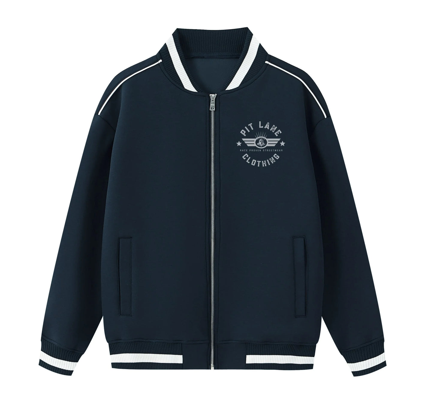 Pit Lane Clothing: Contrast Piping Zip Bomber Jacket - Navy Blue